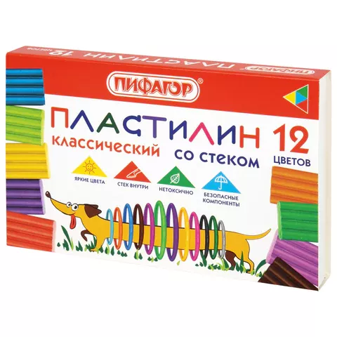 Пластилин 12 цв. 180г ПИФАГОР "Веселая такса", стек, 106675 (32)