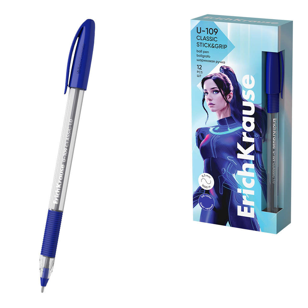 Ручка шариковая ErichKrause U-109 Classic Stick 1.0мм, синяя, 53742 (12)