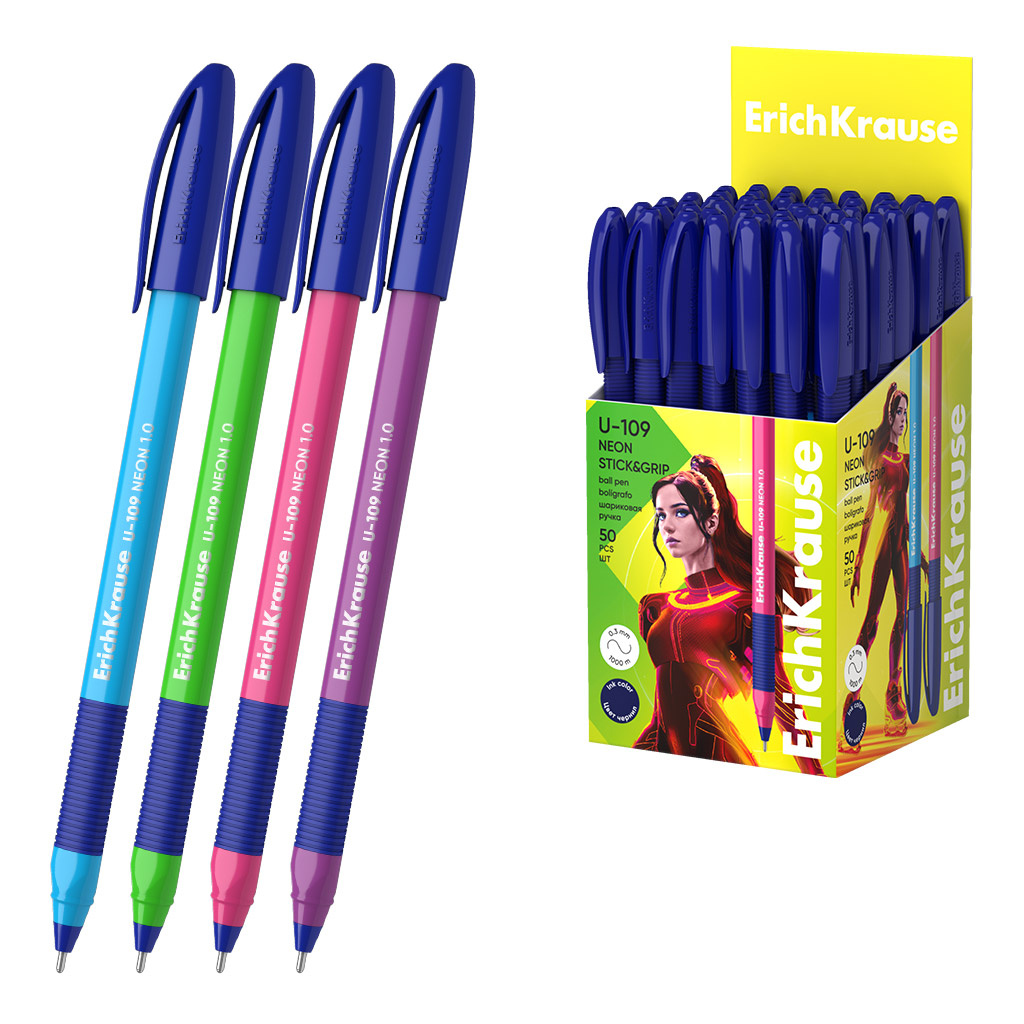 Ручка шариковая ErichKrause U-109 Stick&Grip Neon 1.0мм., синяя, 47612 (50)