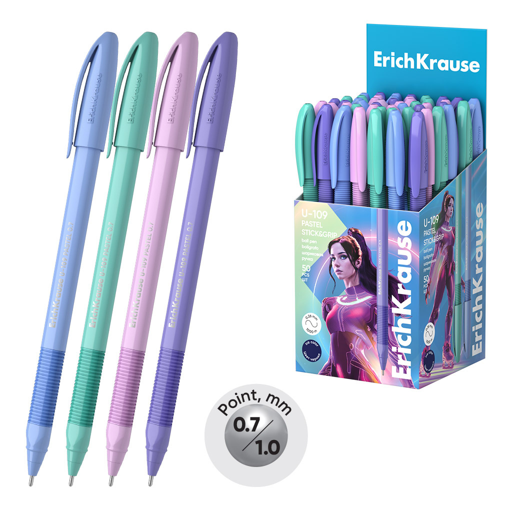 Ручка шариковая ErichKrause U-109 Stick&Grip Pastel 0.7мм., синяя, 58111 (50)