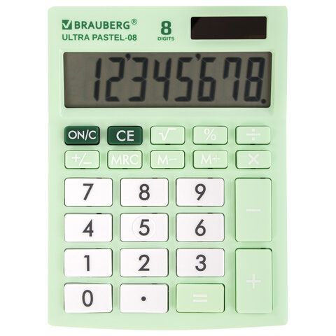 Калькулятор 8-р "BRAUBERG" ULTRA PASTEL-08-LG, (154x115 мм), двойное питание Мятный 250515