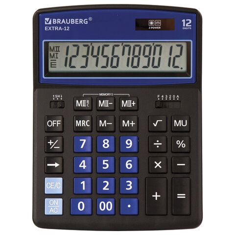 Калькулятор 12-р "BRAUBERG" EXTRA-12-BKBU (206x155 мм), двойное питание, Черно-синий 250472