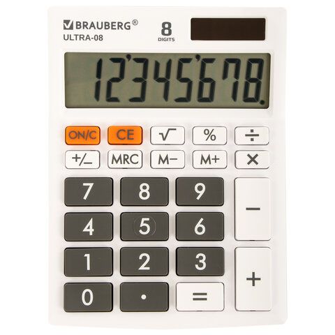 Калькулятор настольный BRAUBERG ULTRA-08-WT, (154x115 мм), 8 разрядов, двойное питание, 250512