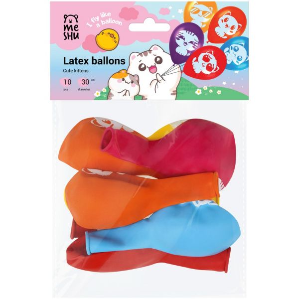 Воздушные шары, 10шт., М12/30см, MESHU "Cute kittens", пастель, ассорти MS_52765