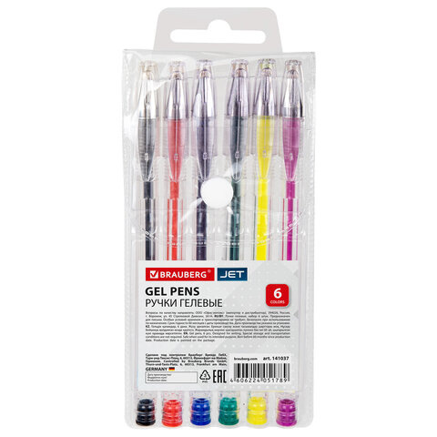 Ручка гелевая в наб 6 цв BRAUBERG JET 141037