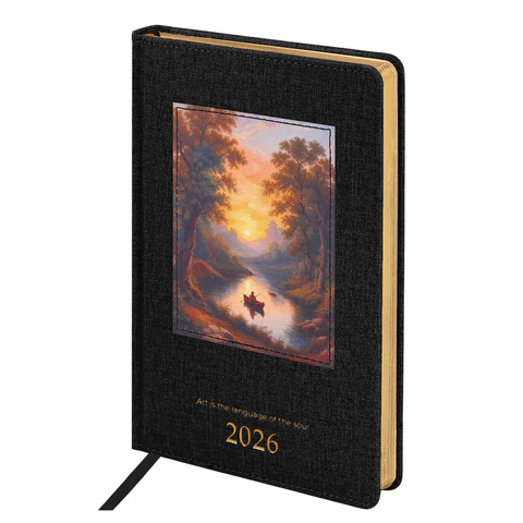 Ежедневник 2026г. А5 "BRAUBERG" ArtGallery, под кожу, нашивка, черный, 117405
