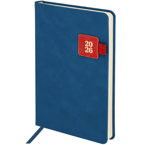 Ежедневник 2026г. А5 "BRAUBERG" Accent, под кожу, держатель, синий/красный, 117386