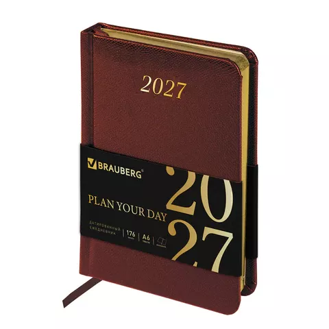 Ежедневник 2027г. А6 BRAUBERG "Iguana", под кожу, коричневый, 118107