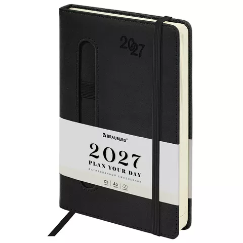 Ежедневник 2027г. А5 BRAUBERG "Optimal", под кожу, резинка, черный, 117938
