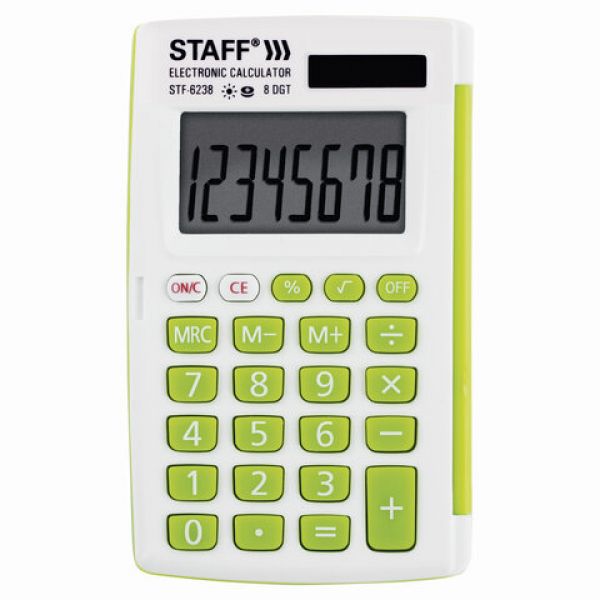 Калькулятор карманный STAFF STF-6238 (104x63 мм), 8 разрядов, двойное питание, Белый, 250283