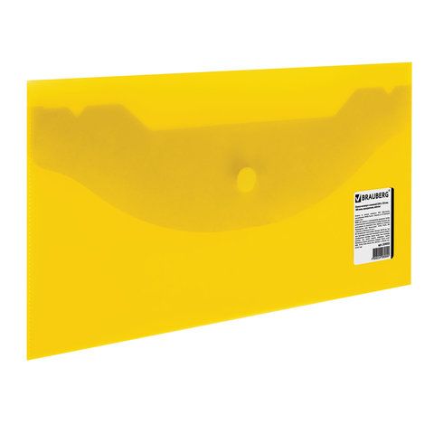 Папка - конверт на кнопке МАЛОГО ФОРМАТА (250х135 мм), прозрачная, желтая, 0,18 мм, BRAUBERG, 224032