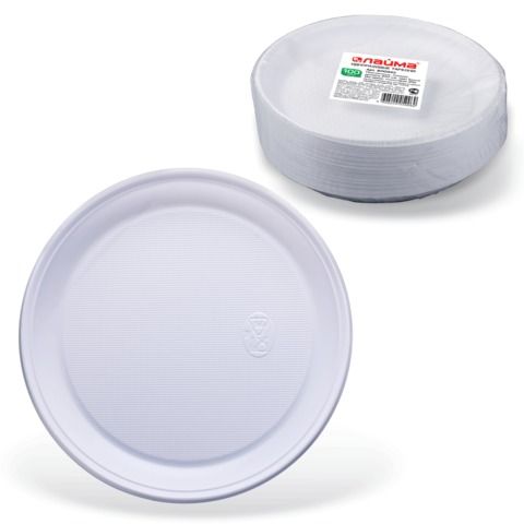 Одноразовые тарелки плоские, КОМПЛЕКТ 100 шт., пластик, d=220 мм, "БЮДЖЕТ", белые, ПС, 600943