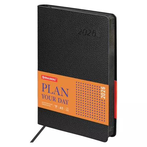 Ежедневник 2026г. А5 BRAUBERG "Stylish", под кожу, гибкий, черный, 117097