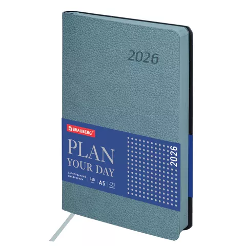 Ежедневник 2026г. А5 BRAUBERG "Stylish", под кожу гибкий, серо-голубой, 117105