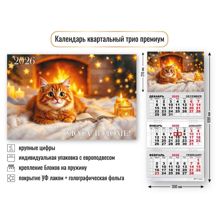 Календарь трио квартальный ПРЕМИУМ "Кот" 2026г. арт.9723