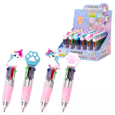 Ручка мини многоцветная с топпером шариковая автоматическая 4 ЦВЕТА FUNSTER "MIX" 144378