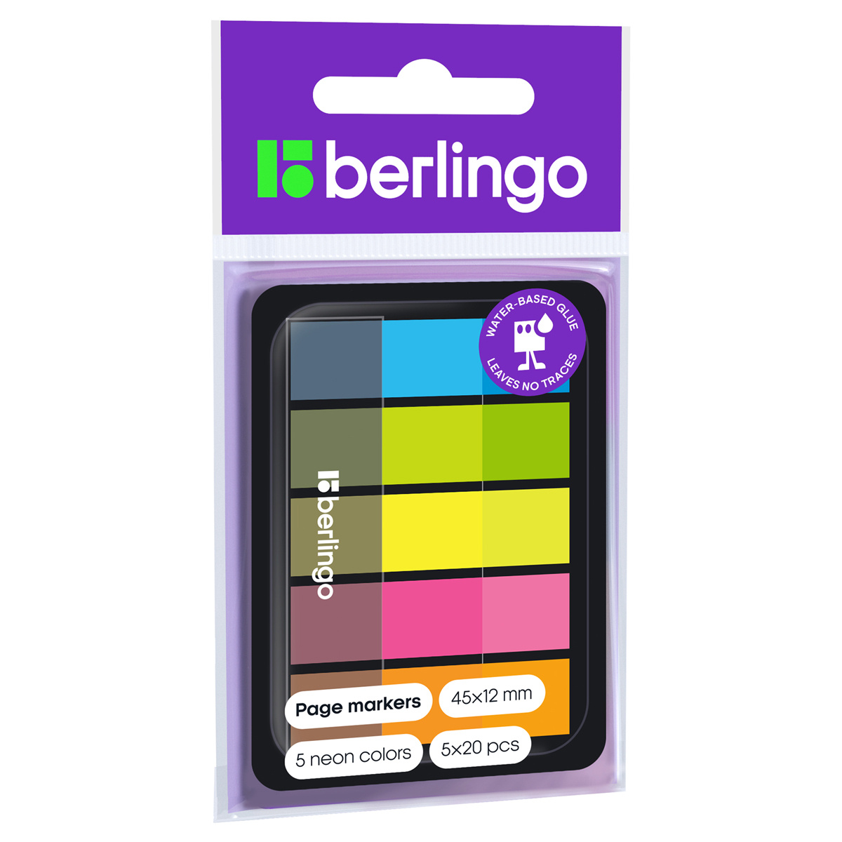 Флажки-закладки Berlingo, 45*12мм, 20л*5 неоновых цветов, в диспенсере, LSz_45101
