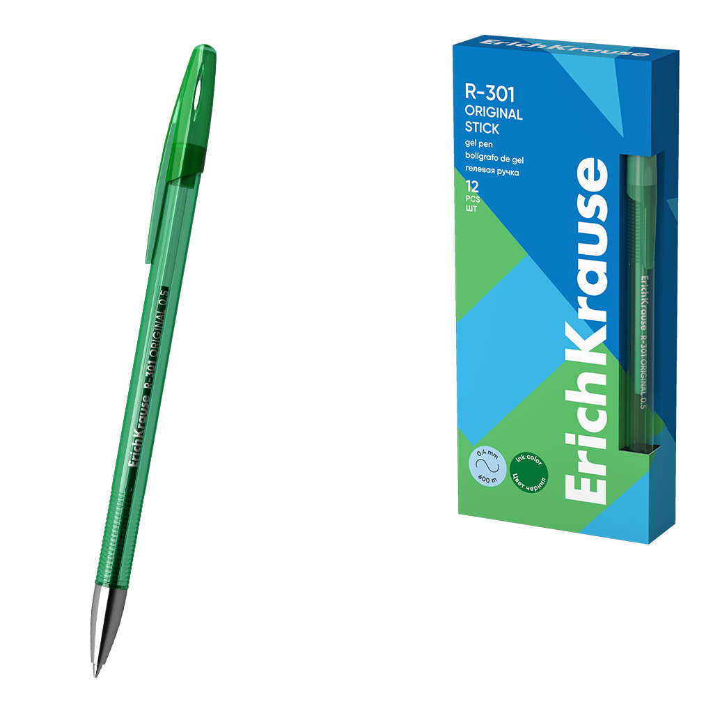 Ручка гелевая ErichKrause R-301 Gel Stick Original 0.5мм., зеленый 45156 (12)