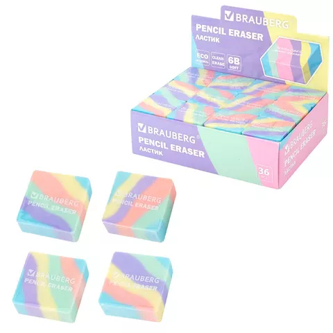 Ластик BRAUBERG "PASTEL", 34х34х14 мм, ассорти, квадратный, 273210 (36)