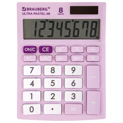 Калькулятор настольный BRAUBERG ULTRA PASTEL-08-PR, (154x115 мм), 8 разярдов дв.пит.Сиреневый 250516